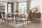 Modern Design 7pc Dining Set Table and 6x Side Chairs Fabric Upholstered Seat Back Brown Finish Wooden Dining Kitchen Furniture