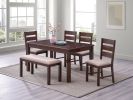 Contemporary Antique Cherry 6pc Dining Set Table And 4x Side Chairs 1x Bench Melamine Table Top Fabric Cushion Seats Chairs Solid wood Dining Room Fur